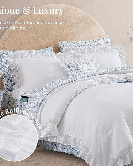 Queen Comforter Set - 7 Pieces Ruffle White Bedding Sets, Shabby Chic Farmhouse Bed in a Bag Queen with Ruffle Comforter, Floral Sheets, Pillowcases & Shams