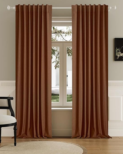 Rust Linen Full Blackout Curtains 108 Inch Length 2 Panels Set for Living Opaque Privacy Back Tab Thermal Insulated 100% Black Out Room Darkening 9ft Window Curtain Drapes Terracotta 50" x 108"