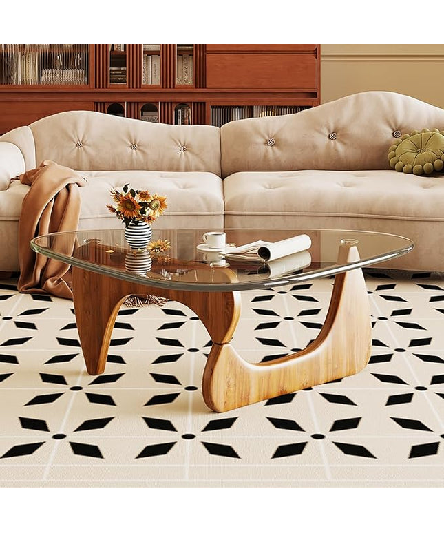 Coffee Table for Living Room Mid Century Modern Center Table with Glass Top and Wood, Transparent/Walnut