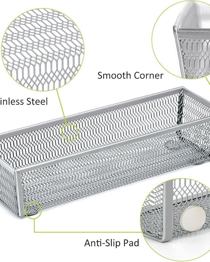 Neudeco Drawer Organizer Set 6 Pack - 5-Compartment Silverware Organizer Tray + 5 Utensil Trays, Kitchen Drawer Organizer for Flatware, Cutlery, Office Supplies, Silver Mesh, Non-Slip