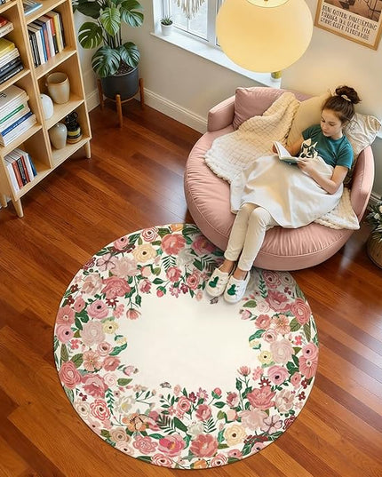 Wonnitar Washable 4ft Round Area Rug, Pink Camellia Floral Living Room Rugs for Bedroom Girls, Low Pile Soft French Throw Carpet for Kids Nursery Room Decor (Pink,4ft Round)