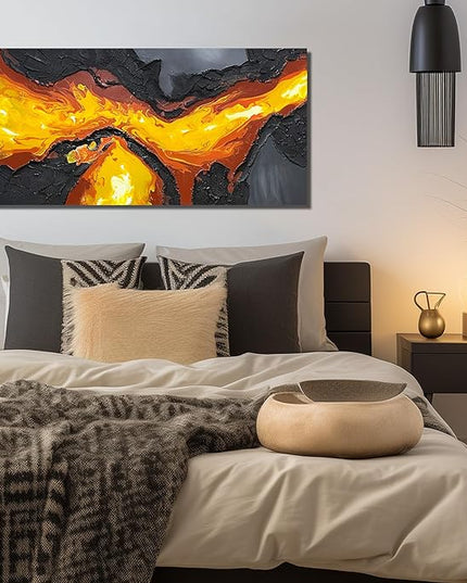 GUGIKA Abstract Wall Art for Living Room, Hand Painted 3D Textured Magma Paintings, Black and Gold Yellow Volcanic Lava Canvas Wall-Decor for Bedroom, Size 40 x 20 Inches