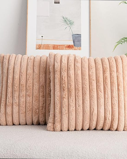 DEELAND Pack of 2,Double-Sided Faux Fur Plush Decorative Throw Pillow Covers Fuzzy Striped Soft Pillowcase Cushion Covers for Sofa Couch Bedroom