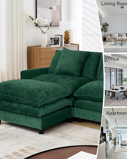 Modular Sectional Sofa,Modern Sofa Sleeper Couch,3 Seat & 1 Ottoman,Comfy Cloud Couches Soft Chenille Sofa Set with Movable Ottoman Deep Seat Sofa for Living Room (Green, L Shaped)