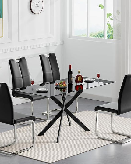 HomVent 5 Pieces Rectangular Glass Dining Table Table Set, Black Glass Dining Table Set for 4 Kitchen Table Set with 4 PU Dining Chairs for Kitchen Dining Room (Black2-Table with 4 Black Chairs)