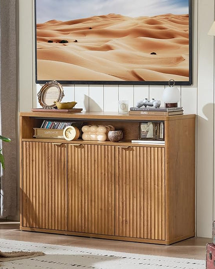 LEYAOYAO Fluted Buffet Cabinet with Storage, 45" Wide Modern Sideboard Credenza with 3 Doors & Open Storage Shelf, Wood Kitchen Console Accent Cabinets, Coffee Bar Table for Dining Room, Tea Brown