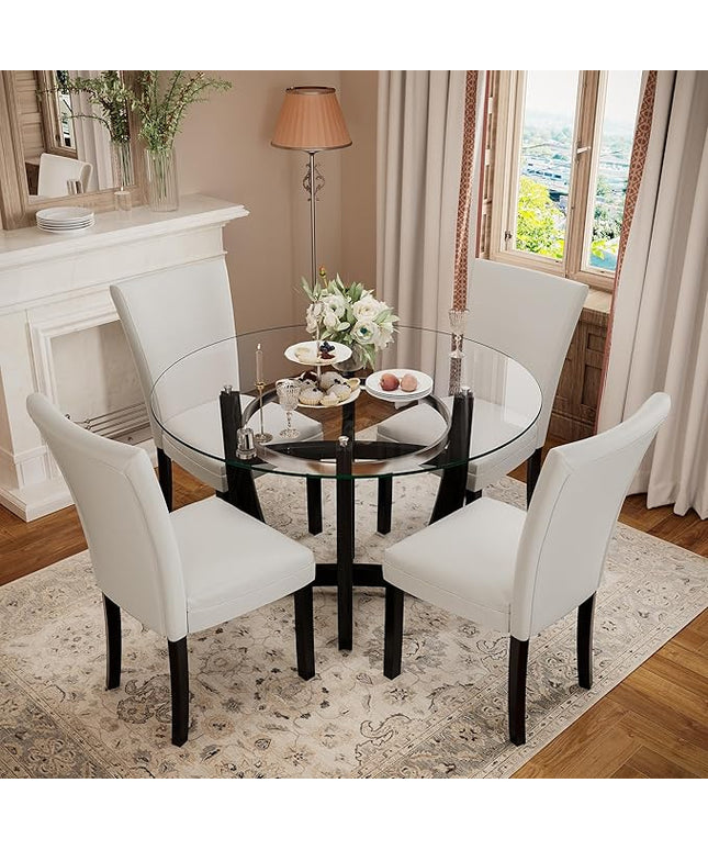PADMA HOUSE Round Glass Dining Table Set for 4, 45in Modern Kitchen Small Wood Dinner Table with 4 Parsons Leather Dining Chairs 5 Piece Dining Room Table Chair Set,Clear&Ivory