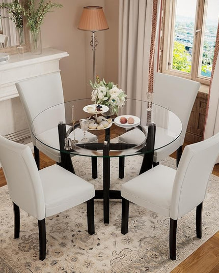 PADMA HOUSE Round Glass Dining Table Set for 6, 45in Modern Kitchen Small Wood Dinner Table with 6 Parsons Leather Dining Chairs 7 Piece Dining Room Table Chair Set,Clear&Ivory