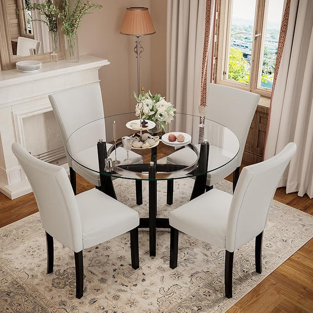 PADMA HOUSE Round Glass Dining Table Set for 6, 45in Modern Kitchen Small Wood Dinner Table with 6 Parsons Leather Dining Chairs 7 Piece Dining Room Table Chair Set,Clear&Ivory