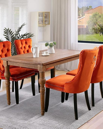 SoarFlash Velvet Dining Chairs Set of 4, Tall Back Side Chair, Modern Upholstered High-end Tufted Side Chair with Button Back Ring, Solid Wood Legs (Orange)