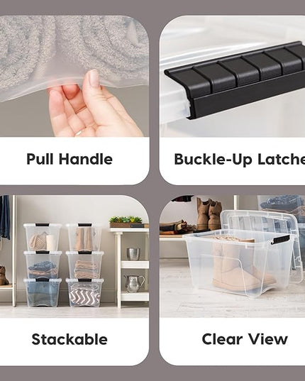 IRIS USA 32 QT Plastic Storage Box with Lid and Latches - 6 Pack - BPA-Free, See-Through Organizing Solution, Durable Nestable Stackable Containers, Secure Pull Handle - Clear