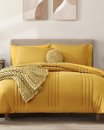 Monbix Full Comforter Set - 7 Pieces Bright Yellow Bed in a Bag Full Size Bedding Sets with Comforters, All Seasons Down Alternative Comforter with Sheets,Pillowcases & Shams