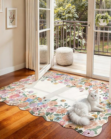Wonnitar Washable 3x5 Bedroom Rug, Soft Camellia Floral Area Rugs for Living Room, Non Slip Boho Flower Nursery Rug Scalloped Throw Carpet for Kids Room Bedside Entryway Laundry Room (Beige,3'x5')