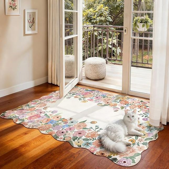 Wonnitar Washable 3x5 Bedroom Rug, Soft Camellia Floral Area Rugs for Living Room, Non Slip Boho Flower Nursery Rug Scalloped Throw Carpet for Kids Room Bedside Entryway Laundry Room (Beige,3'x5')