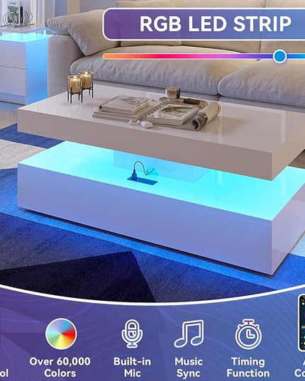 3-Piece Modern Living Room Table Set, Includes LED Coffee Table and End Tables Set of 2 with Storage Drawers, White