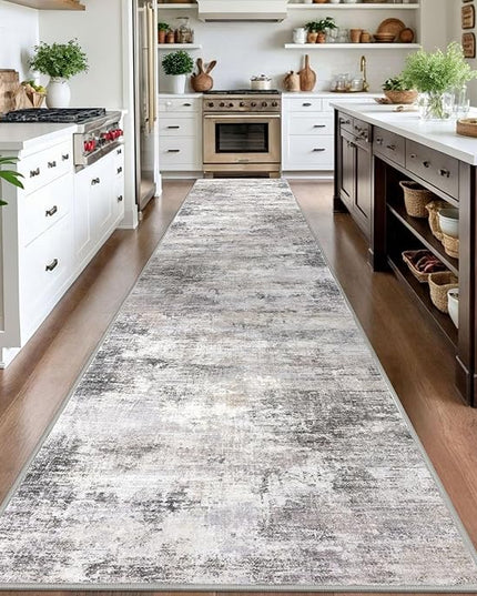 IOHOUZE Abstract Runner Rug 3x16 Ft Washable Runners for Hallways, Non Slip Kitchen Runner Printed Faux Wool Entryway Runner Indoor, Modern Abstract Floor Carpet for Hall Stair, Grey Beige