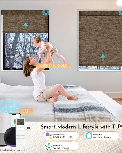 Persilux Smart Motorized Blinds with Remote, No Drill Automatic Roller Shades for Indoor Windows, Blackout Linen Fabric, Electric Blinds for Windows, Nature Brown C153BO-11, Custom Size