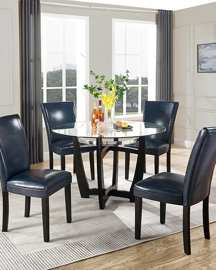 PADMA HOUSE Round Glass Dining Table Set for 4, 45in Modern Kitchen Small Wood Dinner Table with 4 Parsons Leather Dining Chairs 5 Piece Dining Room Table Chair Set, Clear&Purplish Blue