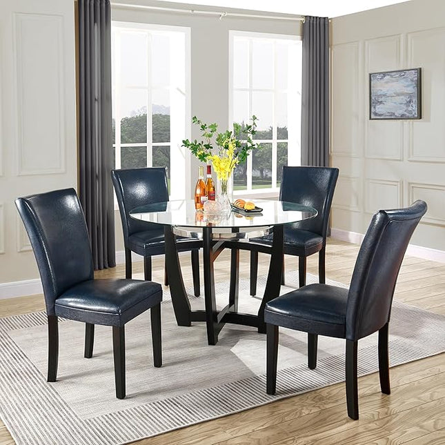 PADMA HOUSE Round Glass Dining Table Set for 4, 45in Modern Kitchen Small Wood Dinner Table with 4 Parsons Leather Dining Chairs 5 Piece Dining Room Table Chair Set, Clear&Purplish Blue