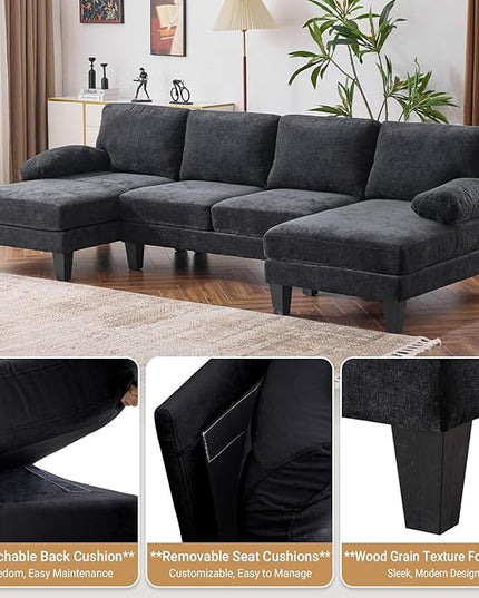 VINGLI 110" Sectional Couches for Living Room,U Shaped Couch with Double Chaise, 4-Seat Sofa Set with Chenille Fabric for Home Furniture,Black