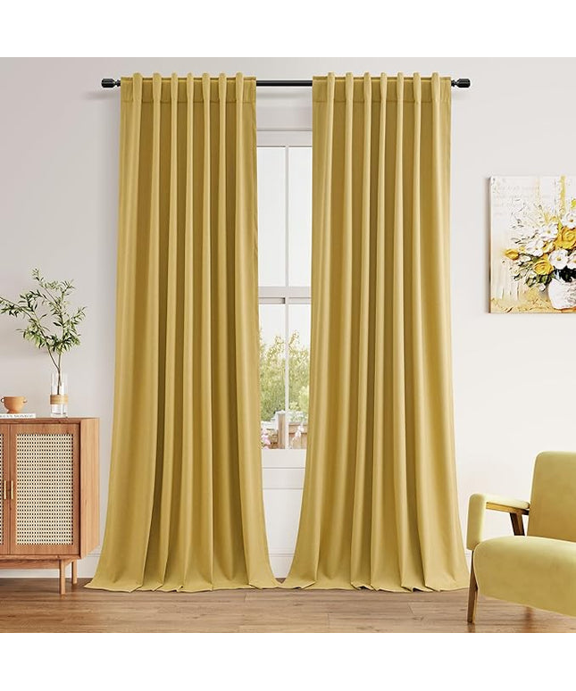 Guken Blackout Curtains 96 Inch Length 2 Panels Set for Living Room Bedroom Back Tab Thermal Insulated 100% Black Out Linen Drapes Room Darkening Window Curtains 96 Inches Long,Gold