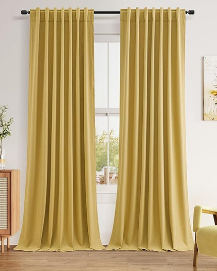 Guken Blackout Curtains 90 Inch Length 2 Panels Set for Living Room Bedroom Back Tab Thermal Insulated 100% Black Out Linen Drapes Room Darkening Window Curtains 90 Inches Long,Gold