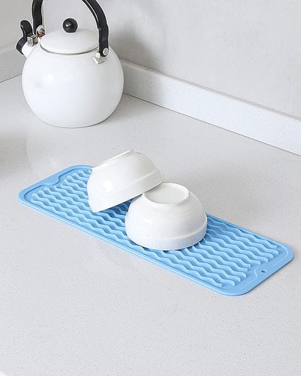 Silicone Dish Drying Mat for Multiple Usage,Easy clean,Eco-friendly,Heat-resistant Silicone Mat for Kitchen Counter,Sink,Bar,Bottle,or Cup Light Blue M 17 inches x 6 inches
