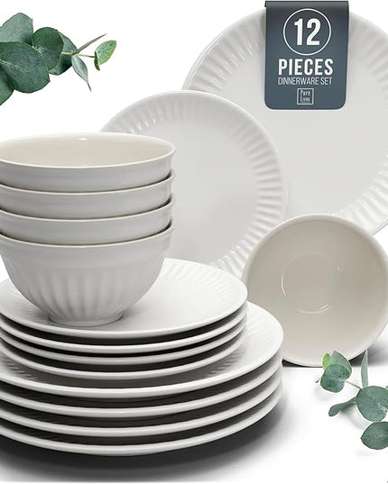 Stoneware Dinnerware Set for 4 People HYGGE 12-Piece - Elegant Scandi Design - Premium Dish Set - Bowl and Plate Set - Tableware for 4 People in a Ribbed Design - Pure Living in White