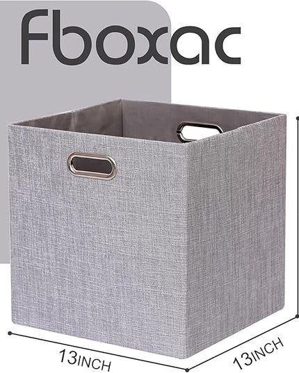 Cube Storage Bins 13×13x13 Inch Linen Foldable Box with Handles, Collapsible Organization Basket Set of 4 Large Capacity Grewer for Closet Shelf Cabinet Bookcase Bedroom, Silver Grey