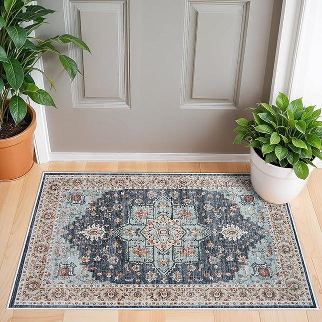 Washable Oriental Area Rug - 2x3 Rugs for Living Room Soft Carpet for Bedroom Waterproof Floral Distressed Indoor Stain Resistant Non-Shedding Floor Carpets (Blue/Teal/Orange, 2x3)