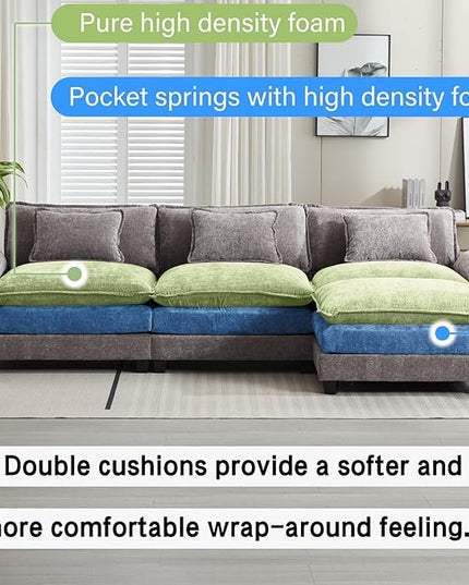 120" Modular Sectional Sofa, Comfy Cloud Couch Sectional Sofa with Ottoman, Chenille Sofa Sleeper Deep Seat Sofa with Throw Pillows for Living Room (Light Gray, 120"- L Shape)