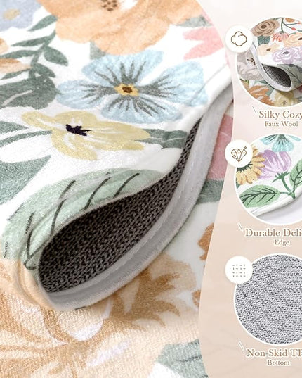 Wonnitar Washable 3x5 Bedroom Rug, Soft Camellia Floral Area Rugs for Living Room, Non Slip Boho Flower Nursery Rug Scalloped Throw Carpet for Kids Room Bedside Entryway Laundry Room (Beige,3'x5')