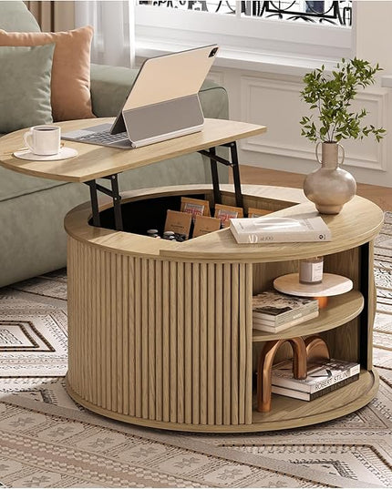 Round Coffee Table with Storage, 31.5" Drum Coffee Table with Lifting Top, Small Fluted Accent Center Table for Living Room, Oak
