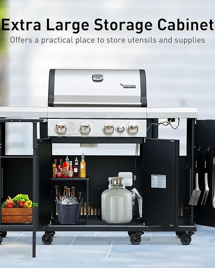 Brand-Man 4-Burner Gas Outdoor Kitchen Grill Island with Side Burner - 44,000 BTU Stainless Steel BBQ Grill Station with Storage Cabinets, Fold-out Prep Table, LPG/NG Convertible, Black