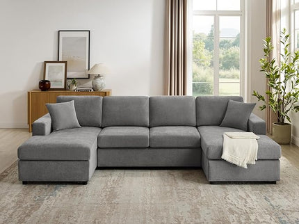 VANOMi 118'' U Shaped Sectional Sofa, 4 Seat Modern Sectional Couch, Double Chaise Longue, Cozy Chenille Sofa Couches for Living Room Apartment, Grey