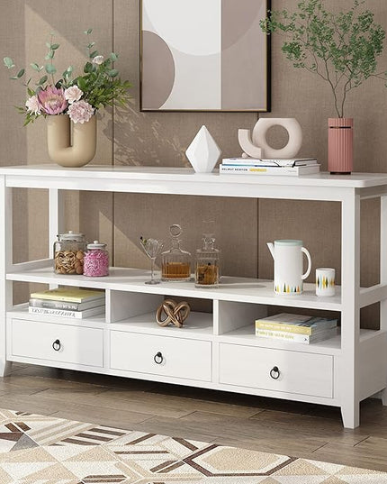 Karl home Console Table with 3 Bottom Drawers, 57.9" W Sofa Side Table Entryway Desk with 3 Storage Cubbies 1 Open Shelf, Vintage TV Stand for Hallway Living Room Office, White 29.9" H
