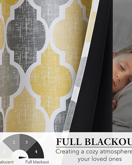 Beauoop 100% Blackout Curtains 90 Inches Long 2 Panels for Bedroom Living Room Yellow Grey Moroccan Geo Room Darkening Thermal Insulated Soundproof Grommet Top Window Treatments Drapes, 50x90 Set of 2