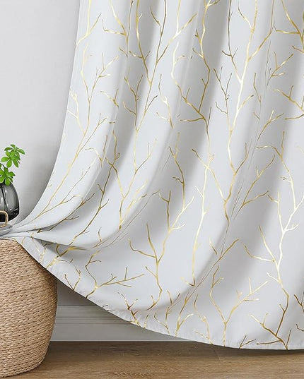 BUHUA Blackout Curtains 72 Inches Length, Thermal Curtain for Bedroom 2 Panels Set, Room Darkening Curtains with Gold Shinny Branches Tree Patern, 52W×72L Greyish White