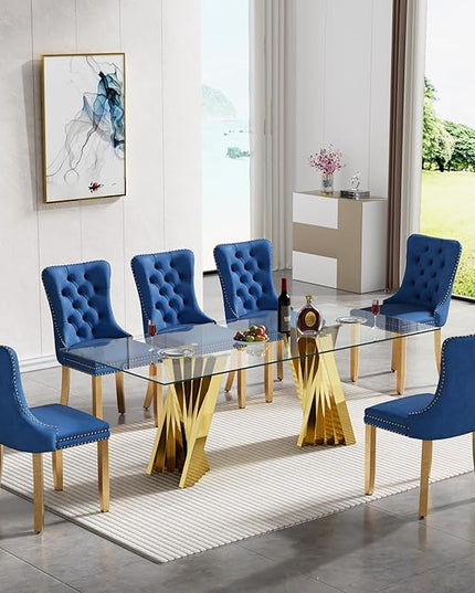 7 Piece Glass Dining Table Set,70" Dinner Room Glass Table Set for 6,Modern Kitchen Dinner Table Set with Stainless Steel Base and 6 Upholstered Velvet Dining Chairs for Living Dining Room