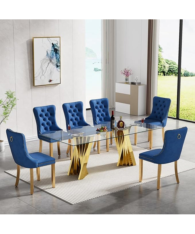 7 Piece Glass Dining Table Set,70" Dinner Room Glass Table Set for 6,Modern Kitchen Dinner Table Set with Stainless Steel Base and 6 Upholstered Velvet Dining Chairs for Living Dining Room