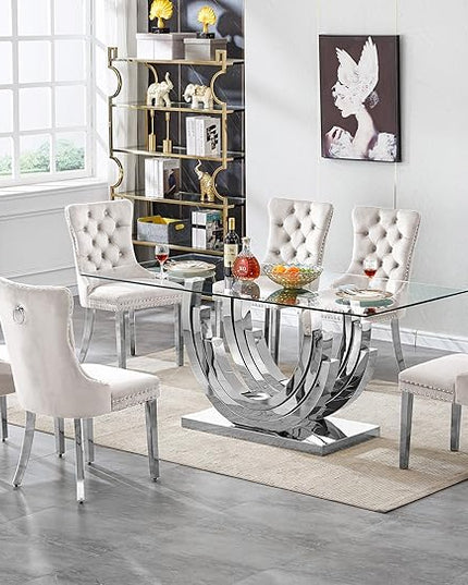 7 Piece Dining Table Set with 6 Beige Dining Chairs, Modern Glass Kitchen Table and Chairs Set for 6, 70" Rectangle Silver Glass Pedestal Dining Room Tables with Ring-Shape Stainless Steel Base