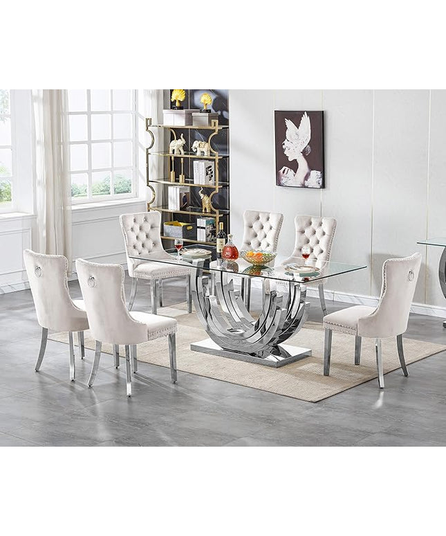 Henf 7-Piece Glass Dining Table Set with 6 Upholstered Dining Chairs, Large Dining Table and Chair Set for 6, Modern Glass Kitchen Table Furniture for Dining Room, U Shape Stainless Steel Pesestal