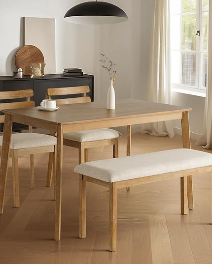 4-Piece Farmhouse Dining Set, Wooden Table with 2 Chairs, Bench Seat, Mid-Century Modern Wooden Table & Upholstered Chair Set for Home, Kitchen, Dining Room, Solidwood Legs