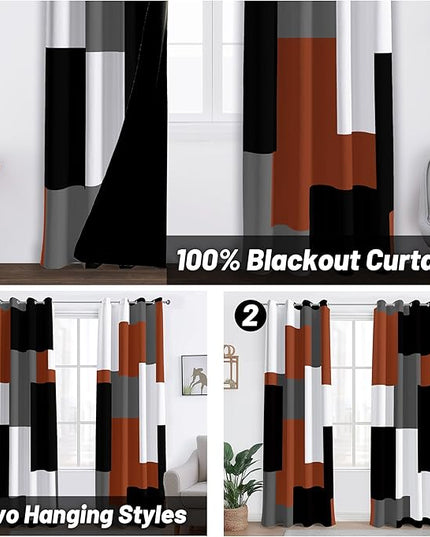 Burnt Orange 100% Blackout Curtains for Bedroom 108 inch Extra Long 2 Panels Set Black Grey Modern Abstract Geometric Black Out Curtains Room Darkening Window Drapes for Living Room, 52Wx108L