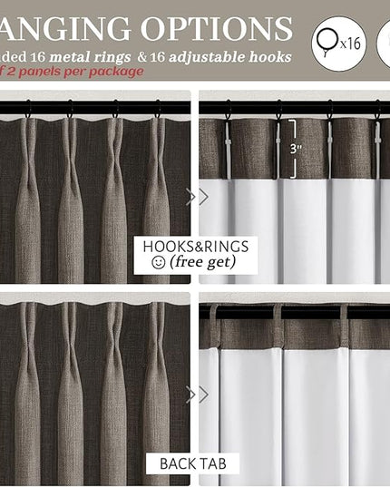 Pinch Pleated Extra Long 102 Inches Curtains for Dining Room 2 Panels Set, Full Blackout Memory Trained Double Layer Linen Chocolate Tart Thermal Noise Reducing Farmhouse Drapes for Large Windows