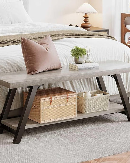 LVB Industrial Entryway Bench, Wood and Metal Storage Bench, Indoor Farmhouse Hallway Accent Entry Bench for Seating Sitting, Shoe Rack Organizer Cabinet in Foyer Bedroom, Light Grey Oak, 47 Inch Long