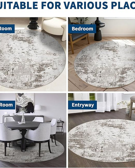Modern Abstract 8x8 Round Area Rug Non Slip Non Shedding Rug Low Pile Stain Resistant for Bedroom Living Room Office Dining Room,Taupe/Beige