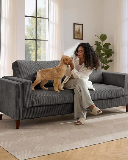 Tbfit 85" Corduroy Couch for Living Room, 3 Seater Mid Century Modern Sofa with Spring Cusions & Extra Deep Seat for Bedroom, Small Comfy Upholstered Couches Easy Assembly with Solid Wood Legs, Grey