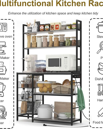 Baker Rack with Power Outlet,5-Tier Kitchen Utility Storage Shelf with Hooks,Microwave Oven Stand with Storage,Kitchen Shelf with Basket
