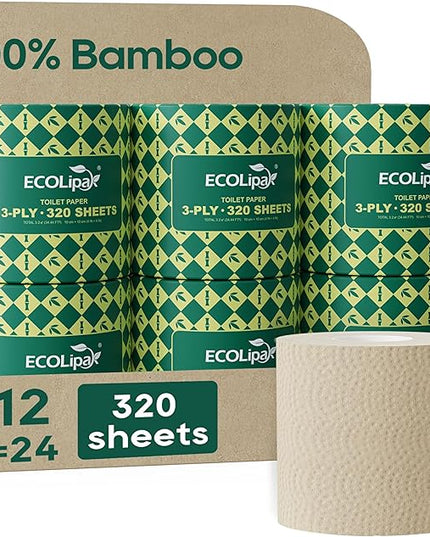 ECOLipak Bamboo Toilet Paper 3 Ply, Septic Safe Toilet Tissue, 12 Double Rolls, 320 Sheets Per Roll, Tree Free, Non Toxic, Soft and Absorbent, Eco Friendly Dye-Free Paper, Brown